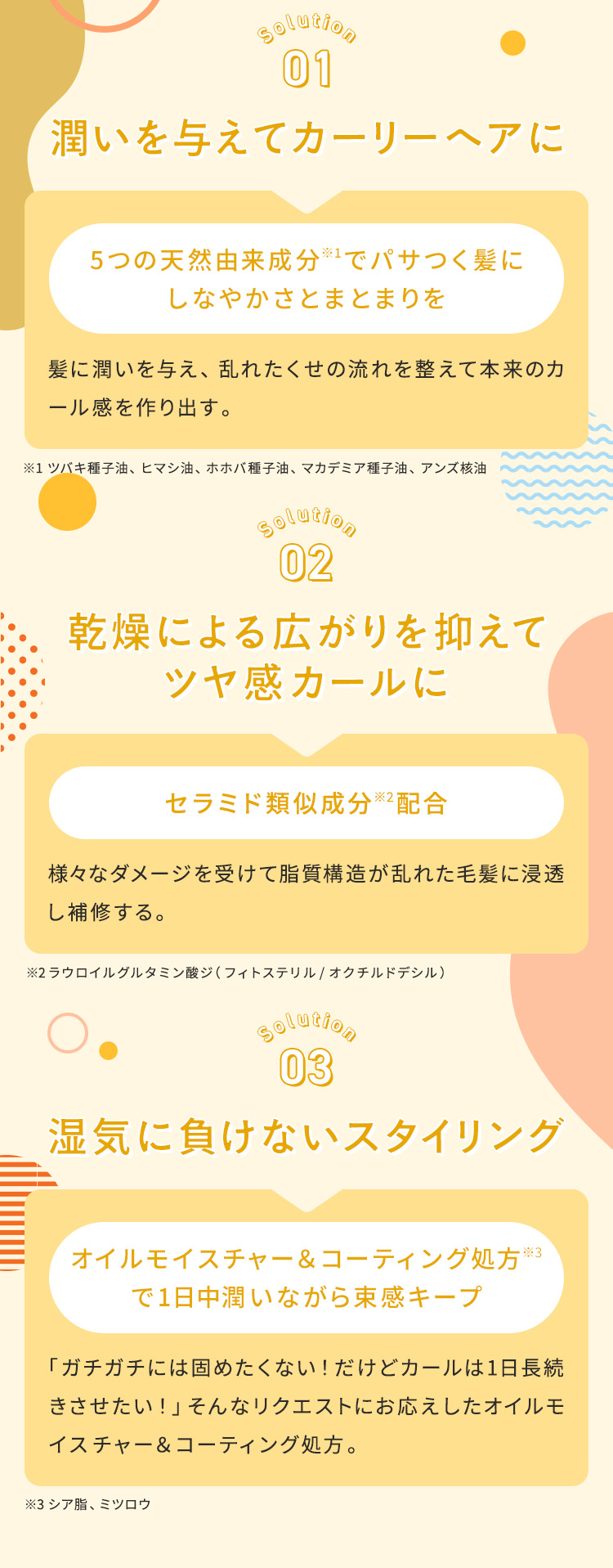 ①潤いを与えてカーリーヘアに ②乾燥による広がりを抑えてツヤ感カールに ③湿気に負けないスタイリング